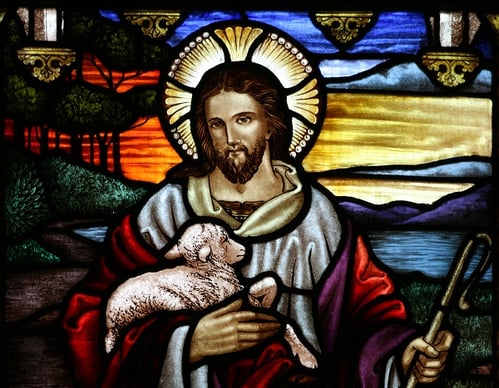 Stain Glass Window of Jesus holding a Lamb