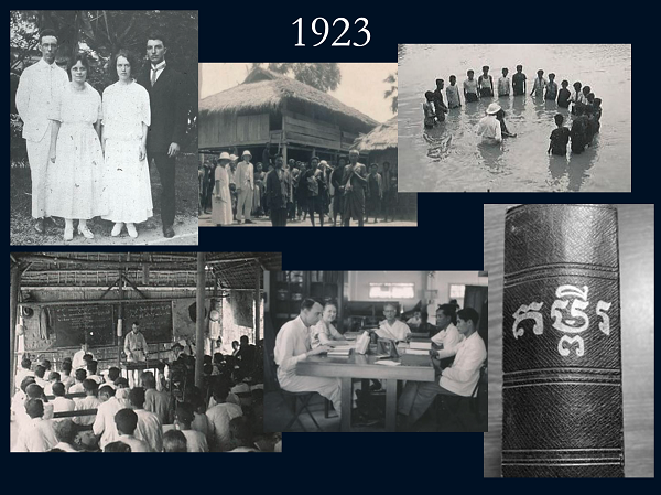 A collage of images of Cambodia from 1923 that show the work of two couples who first brought the gospel to the country.