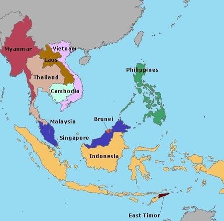 Part of a World Map highlighting where Cambodia is in relation to Thailand, Indonesia, and the Philippines