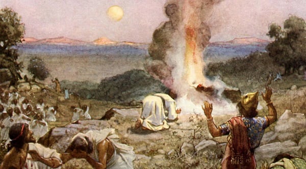A drawing that depicts the Bible story of when Elijah held a contest with theProphets of Baal on who could light fire, the drawing shows Elijah's God having started a fire