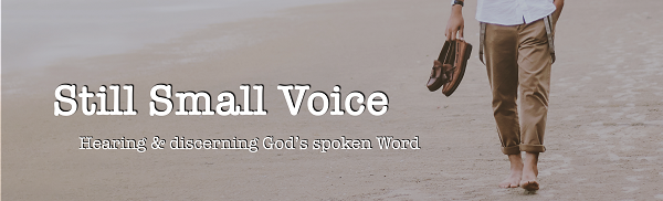 A man holding his shoes walking across the sand with overlaying text that reads "Still Small Voice: Hearing & discerning God's spoken Word"