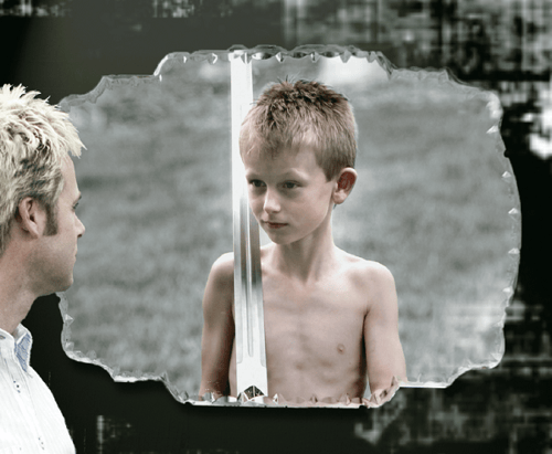 Andrew looking into a mirror where little Michael is looking back at him holding a sword