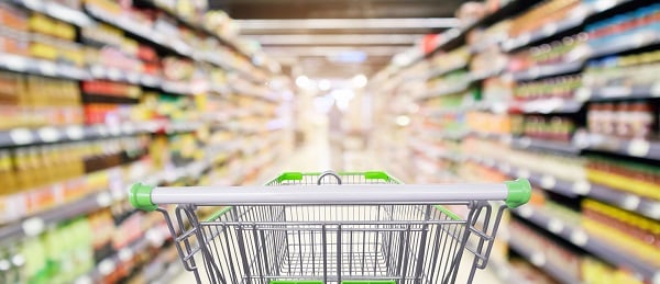 grocery store and cart down an aisle